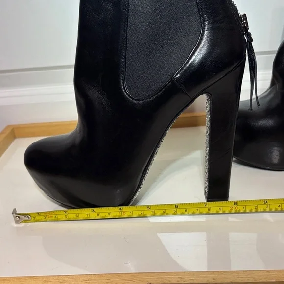 Miu Miu Black Leather Platform Ankle Boots with Glitter Block Heel - Picture 11 of 15